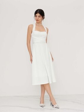 Cider White Midi Dress with V-Neck Straps